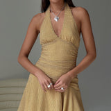 Sayla Halter Ruched Mini Dress Yellow Check