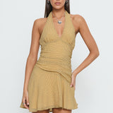 Sayla Halter Ruched Mini Dress Yellow Check