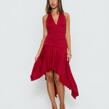 Emara Halter Asymmetrical Midi Dress Red