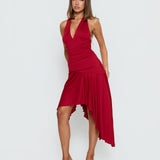 Emara Halter Asymmetrical Midi Dress Red