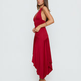 Emara Halter Asymmetrical Midi Dress Red