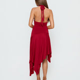Emara Halter Asymmetrical Midi Dress Red
