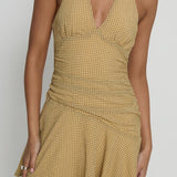 Sayla Halter Ruched Mini Dress Yellow Check