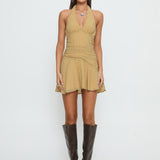 Sayla Halter Ruched Mini Dress Yellow Check