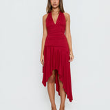 Emara Halter Asymmetrical Midi Dress Red